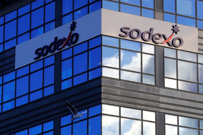 The logo of French food services and facilities management group Sodexo is seen at the company headquarters in Issy-les-Moulineaux near Paris