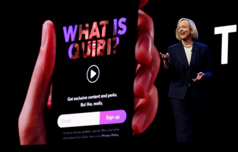 Quibi CEO Meg Whitman speaks during a Quibi keynote address at the 2020 CES in Las Vegas
