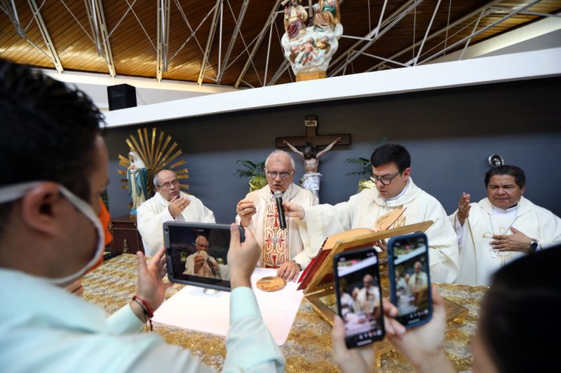 Cardinal Baltazar Porras speaks during an easter mass at a closed church as people stream it through social media due the nationwide quarantine due to coronavirus disease (COVID-19) outbreak in Caracas