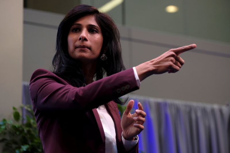 International Monetary Fund Chief Economist Gita Gopinath takes questions at the annual meetings of the IMF and World Bank in Washington