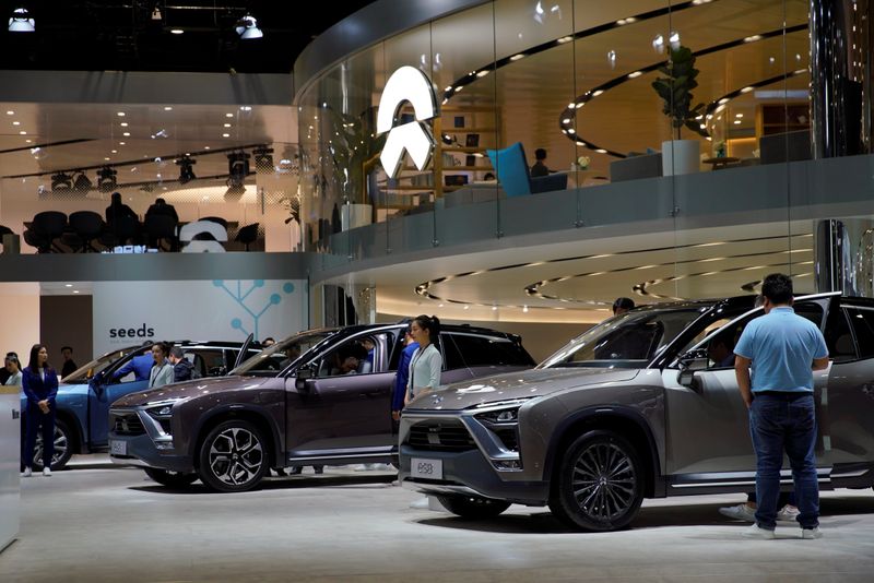 NIO ES8 electric SUVs are seen displayed at the second media day for the Shanghai auto show in Shanghai