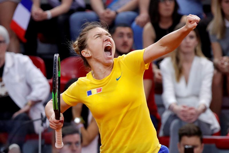 FILE PHOTO: Romania's Simona Halep celebrates after defeating France's Caroline Garcia in the third rubber of their Fed Cup semi-final tie in Kindarena, France