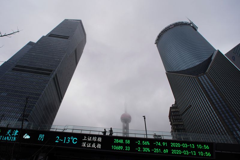 FILE PHOTO: People are seen on a pedestrian overpass with an electronic board showing the Shanghai and Shenzhen stock indexes in Shanghai