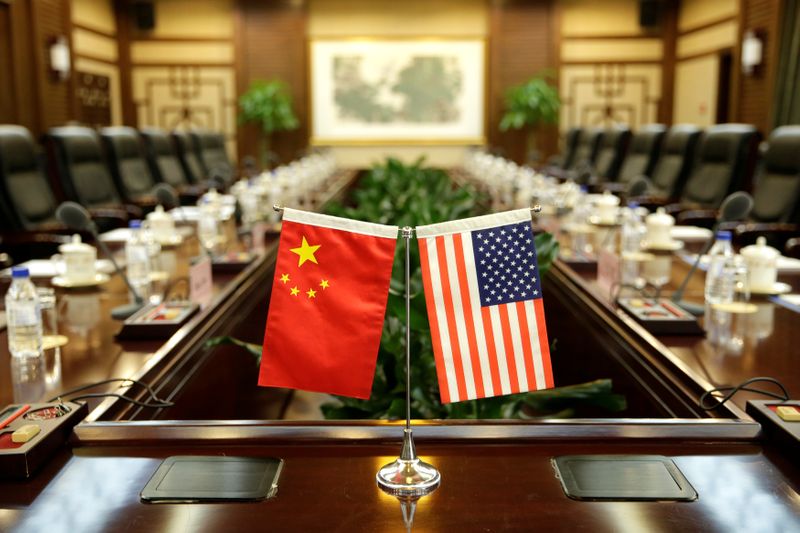 Flags of U.S. and China are placed for a meeting between Secretary of Agriculture Sonny Perdue and China's Minister of Agriculture Han Changfu in Beijing