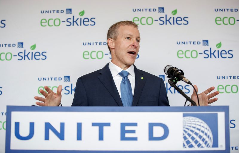 United Airlines president Scott Kirby speaks at O'Hare International Airport in Chicago