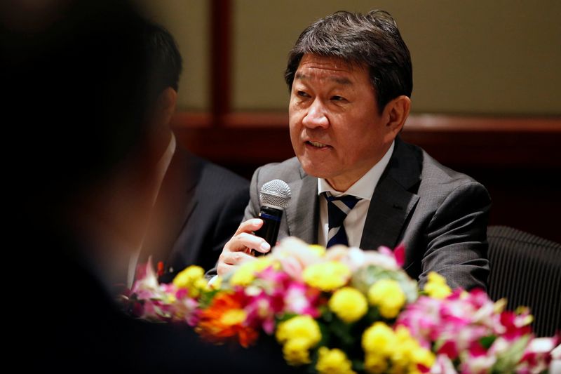 Japanese Foreign Minister Toshimitsu Motegi speaks during his meeting with Philippines' Foreign Affairs Secretary Teodoro Locsin Jr. in Manila