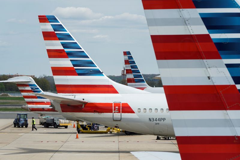 American Airlines planes are parked at the gate during the coronavirus disease (COVID-19) outbreak in Washington