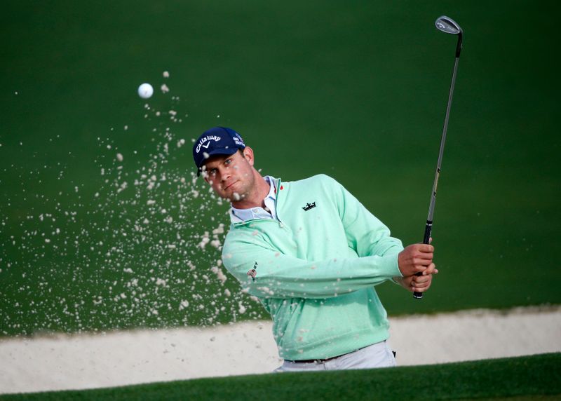 U.S. golfer Harris English hits from the sand on the second hole during a practice round ahead of the Masters golf tournament at the Augusta National Golf Club