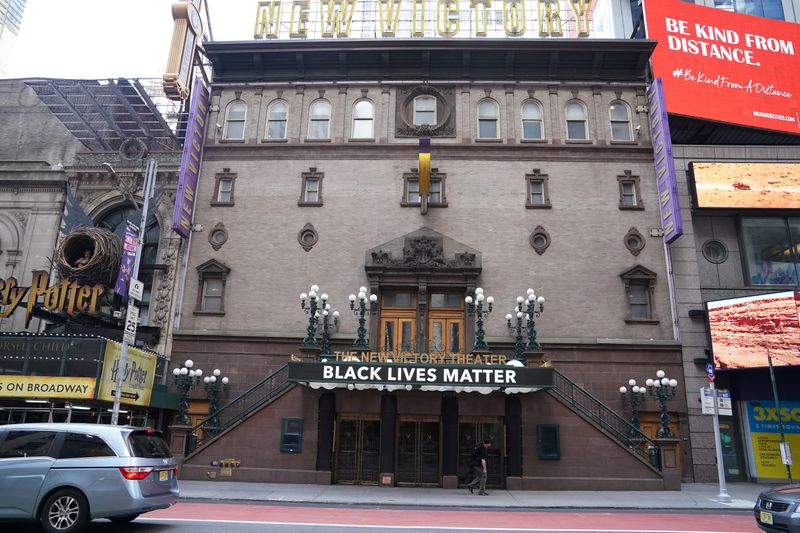 A shuttered theatre is pictured in Times Square in the Manhattan borough of New York City