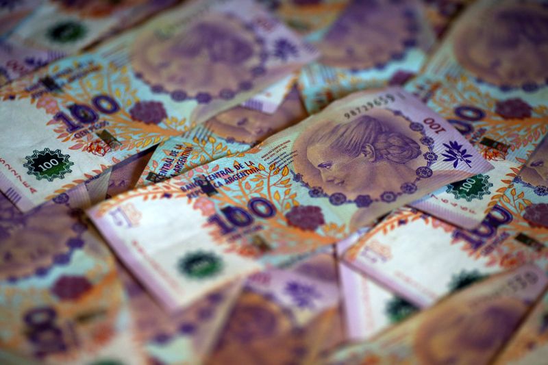 FILE PHOTO: FILE PHOTO: Argentine one hundred peso bills are displayed in this picture illustration