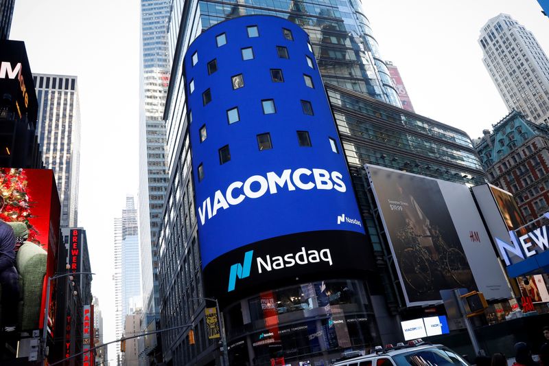 The ViacomCBS logo is displayed on the Nasdaq MarketSite to celebrate the company's merger, in New York