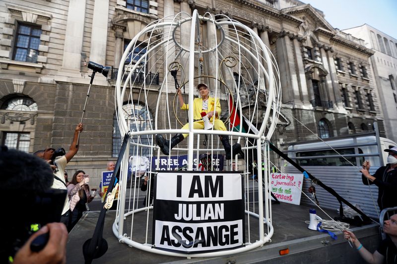 Vivienne Westwood demonstrates outside the Old Bailey in support of Julian Assange, in London