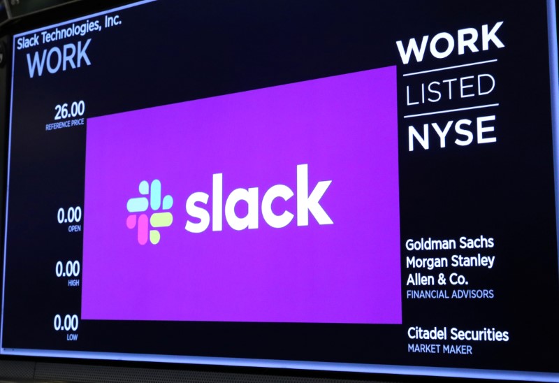 The Slack Technologies Inc. logo is seen on a display at New York Stock Exchange (NYSE) during the company's IPO in New York