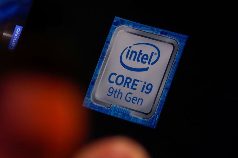 FILE PHOTO: An Intel computer cup logo is shown during opening day of E3, the annual video games expo revealing the latest in gaming software and hardware in Los Angeles