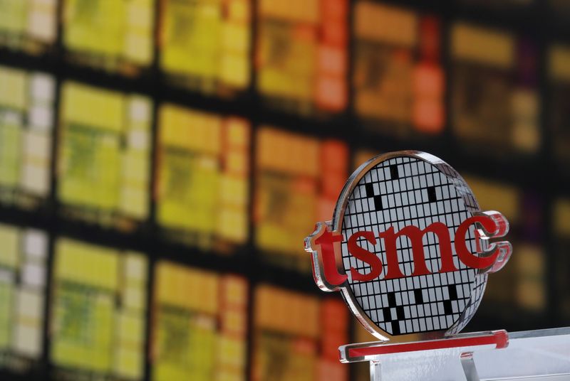 A logo of Taiwan Semiconductor Manufacturing Co (TSMC) is seen at its headquarters in Hsinchu