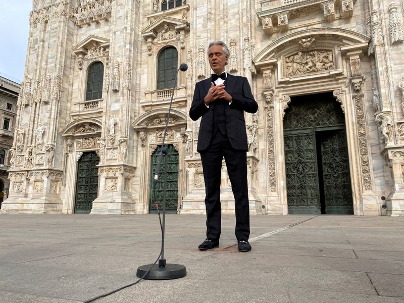 FILE PHOTO: Italian opera singer Andrea Bocelli participates in ''Music for hope'' event at an empty Duomo Cathedral in Milan