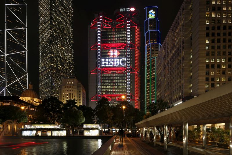 FILE PHOTO: The HSBC headquarters is lit up at the Central Financial District in Hong Kong