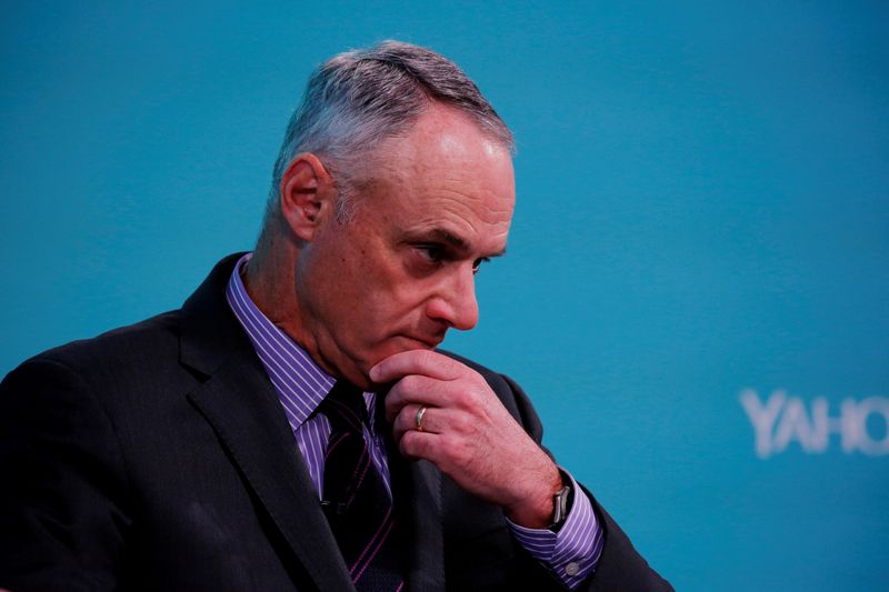 FILE PHOTO: Rob Manfred, commissioner of Major League Baseball, takes part in the Yahoo Finance All Markets Summit in New York