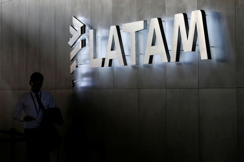 LATAM airlines logo, is seen inside of the Commodore Arturo Merino Benitez International Airport in Santiago