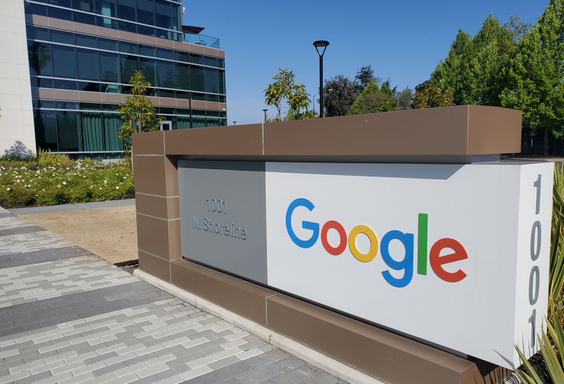 A sign is pictured outs a Google offcie near the company's headquarters in Mountain View, California