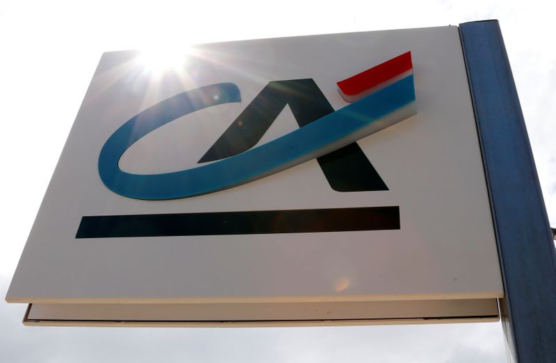 A logo of Credit Agricole is seen outside a bank office in Bordeaux
