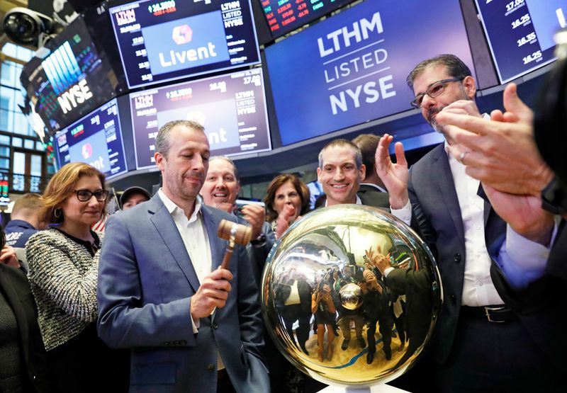 President and CEO Paul Graves and members of the leadership team from lithium producer Livent Corp ring the ceremonial bell to begin trading of the company's stock at the New York Stock Exchange (NYSE) in Manhattan as the company holds its IPO in New York