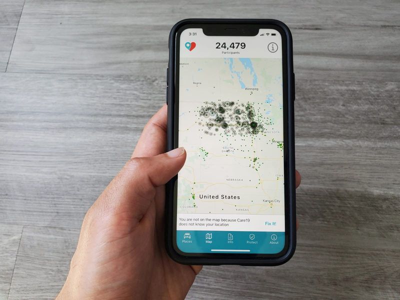 FILE PHOTO: The Care19 mobile app, which the governors of North Dakota and South Dakota have asked residents to download to assist in contact tracing during the global outbreak of the coronavirus disease (COVID-19), is seen on a phone
