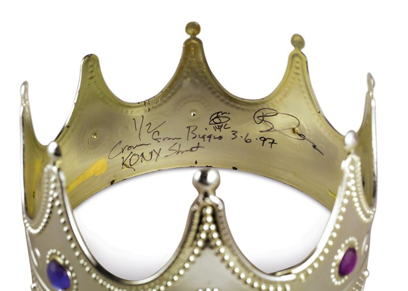 The signed plastic crown worn by rapper Notorious B.I.G. for the photoshoot titled 'Notorious B.I.G as the K.O.N.Y'