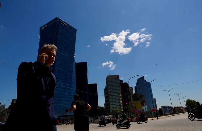 A man talks on his cell phone in Buenos Aires' financial district