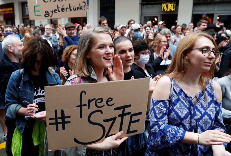 FILE PHOTO: Students attend a protest against threats to academic freedom in Budapest