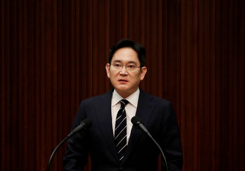 FILE PHOTO: Samsung Electronics Vice Chairman, Jay Y. Lee, speaks during a news conference at a company's office building in Seoul