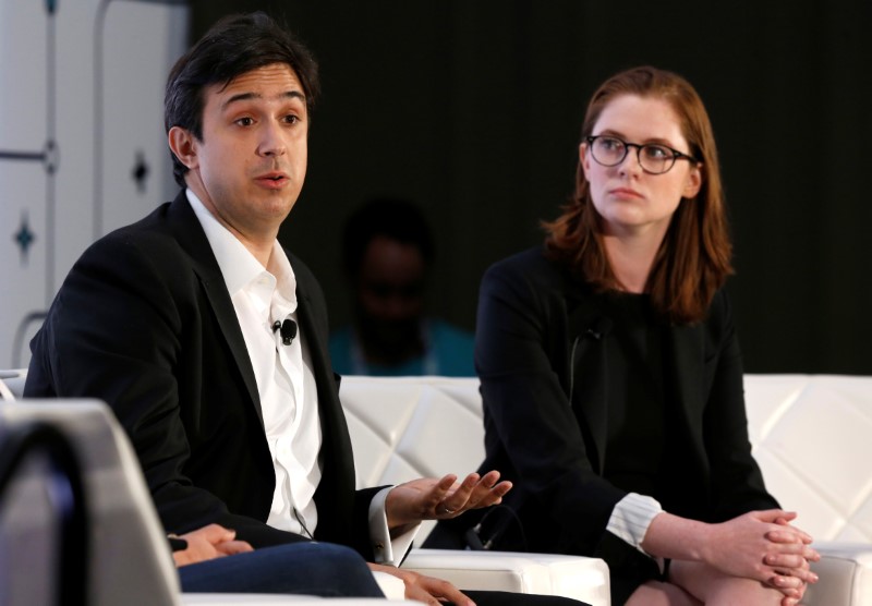 Tezos co-founder and CTO Arthur Breitman and his wife and co-founder Kathleen Breitman respond to questions during the Money 20/20 conference in Las Vegas