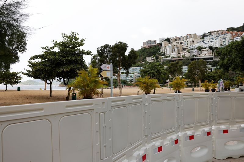 A view of the barricaded entrance to Repulse Bay beach in Hong Kong
