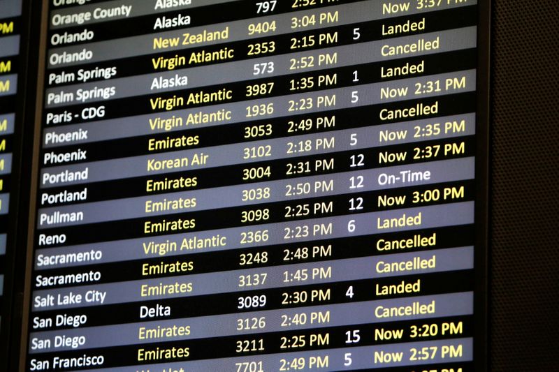 FILE PHOTO: Several canceled flights are pictured on a monitor at Seattle-Tacoma International Airport as airlines are reeling from a plunge in bookings and traffic due to the coronavirus pandemic, in SeaTac, Washington