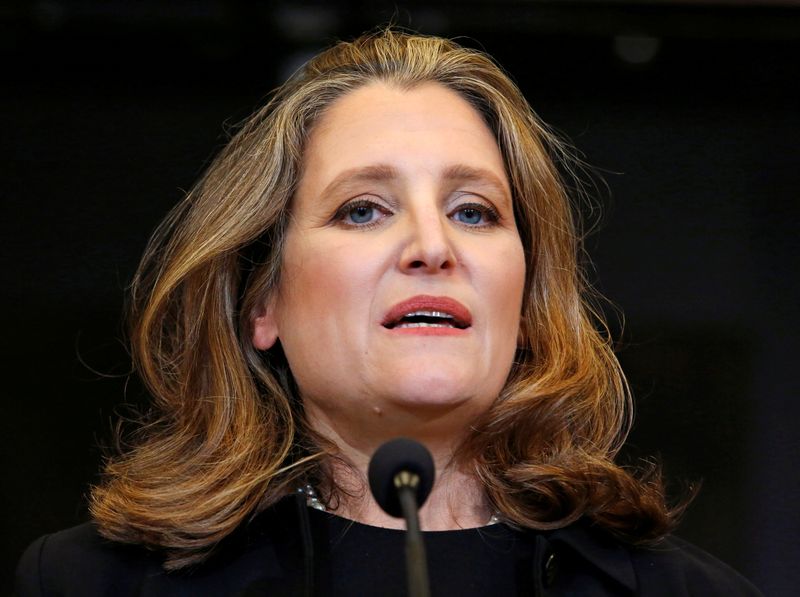 FILE PHOTO: Deputy Prime Minister and Finance Minister Freeland speaks to reporters on Parliament Hill in Ottawa
