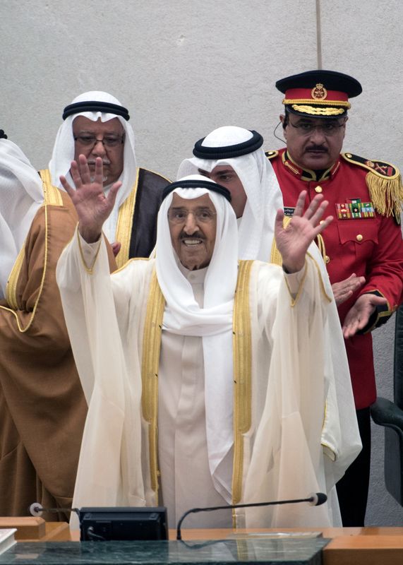 Kuwait's Emir Sheikh Sabah al Ahmad al Sabah waves at the end of the opening of the 4th ordinary session of the 15th Legislative Parliament in Kuwait city
