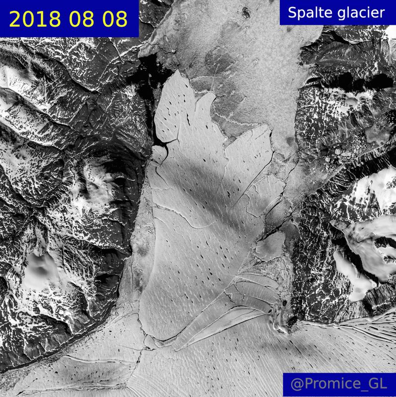 A satellite image shows the Spalte glacier in 2018