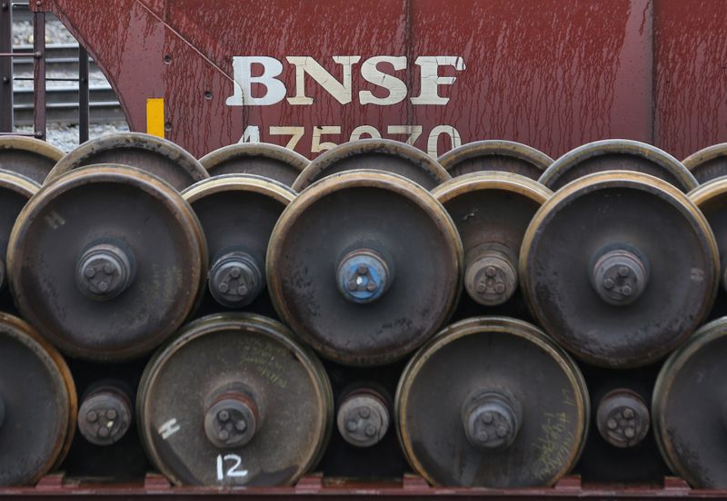 Spare train wheels are stored at a Burlington National Santa Fe (BNSF) railyard in Seattle
