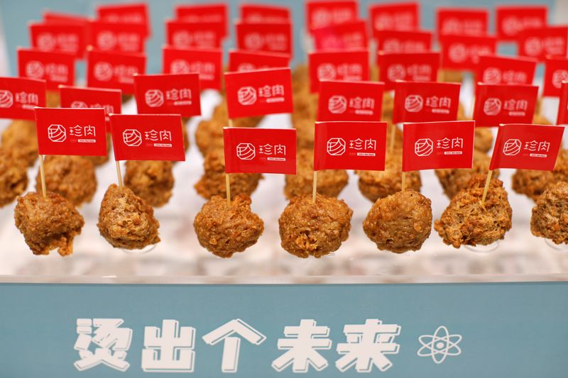 Plant-based meatballs produced by Zhenmeat are seen displayed at a Hope Tree restaurant in Beijing