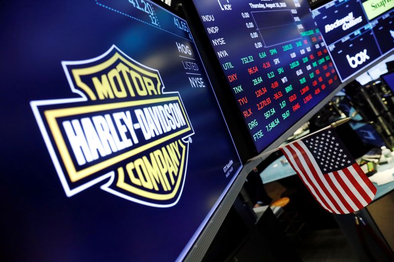 FILE PHOTO: A Harley Davidson logo is displayed above the floor of the New York Stock Exchange shortly after the opening bell in New York