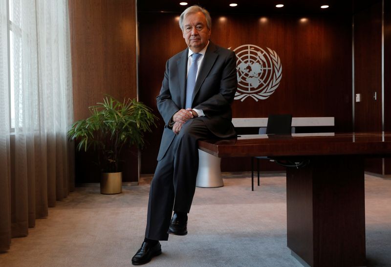 United Nations Secretary-General Antonio Guterres during interview with Reuters at U.N. headquarters in New York