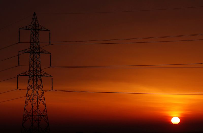 FILE PHOTO: The sun is seen behind high-voltage power lines and electricity pylons at a highway northeast of Cairo