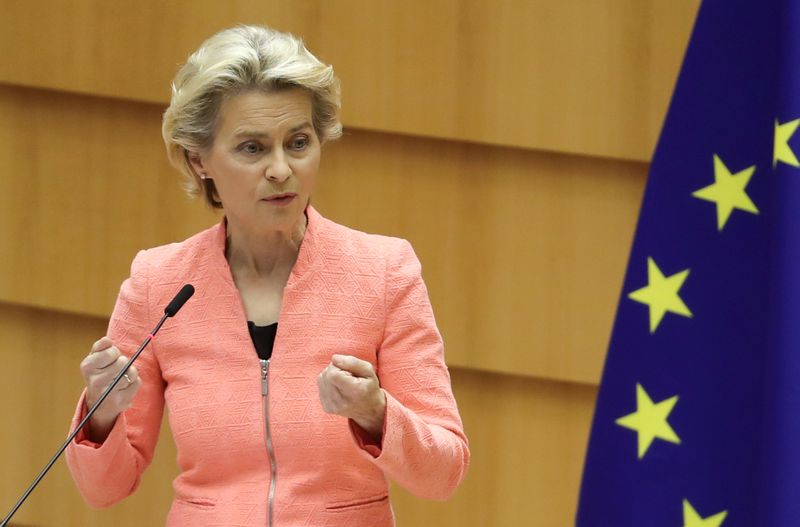European Parliament president David-Maria Sassoli reacts as European Commission President Ursula von der Leyen addresses her first State of the European Union speech during a plenary session of the European Parliament, in Brussels