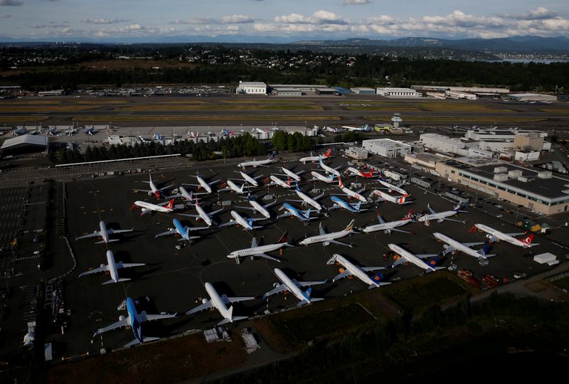 FILE PHOTO: Boeing 737 Max aircraft are parked in a parking lot at Boeing Field in this aerial photo taken over Seattle