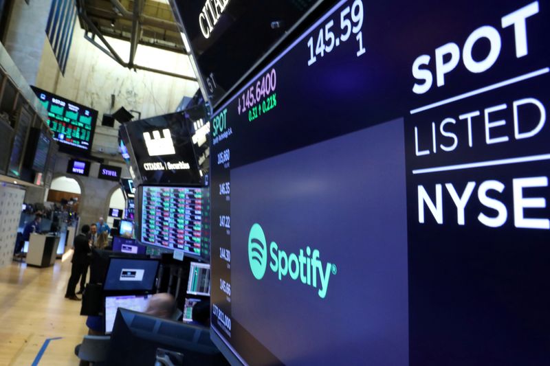 FILE PHOTO: A screen displays the company logo and trading info for Spotify on the floor at the NYSE in New York