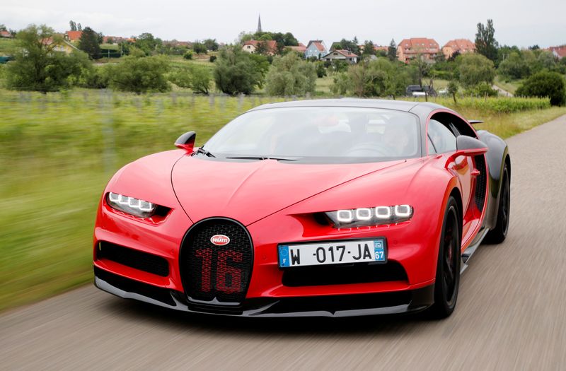A Bugatti Chiron sports car drive is driven on a road near Molsheim
