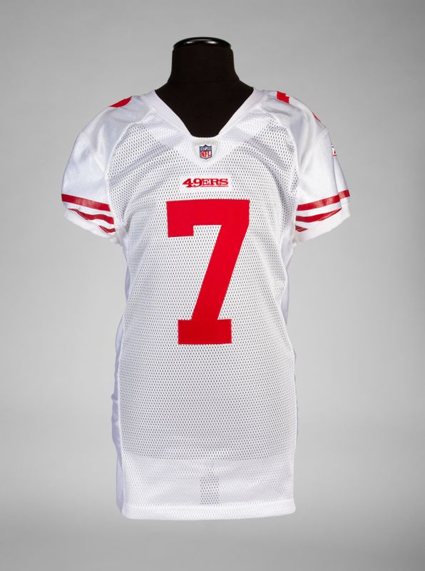 Colin KaepernickÕs signed San Francisco 49ersÕ jersey, worn for his NFL rookie debut in October 2011, is seen in an undated handout photo before going up for sale at JulienÕs Auctions in Beverly Hills, California