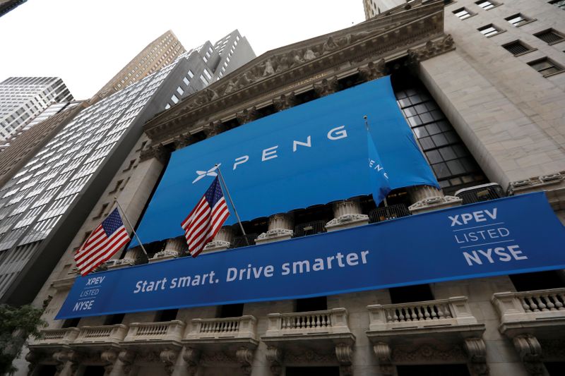 FILE PHOTO: Banner announcing XPeng Inc. at New York Stock Exchange (NYSE) ahead of the Chinese company's IPO in New York