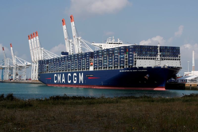FILE PHOTO: The CMA CGM Antoine de Saint Exupery container ship sits docked during its official inauguration in Le Havre