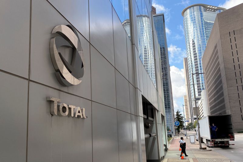 The Total logo on the Total Plaza building, the U.S. headquarters of French oil and gas company Total SA in Houston